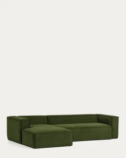 Kave Home 4-zitsbank Blok Chaise Longue Links Groen Ribstof 330cm
