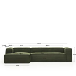 Kave Home 4-zitsbank Blok Chaise Longue Links Groen Ribstof 330cm