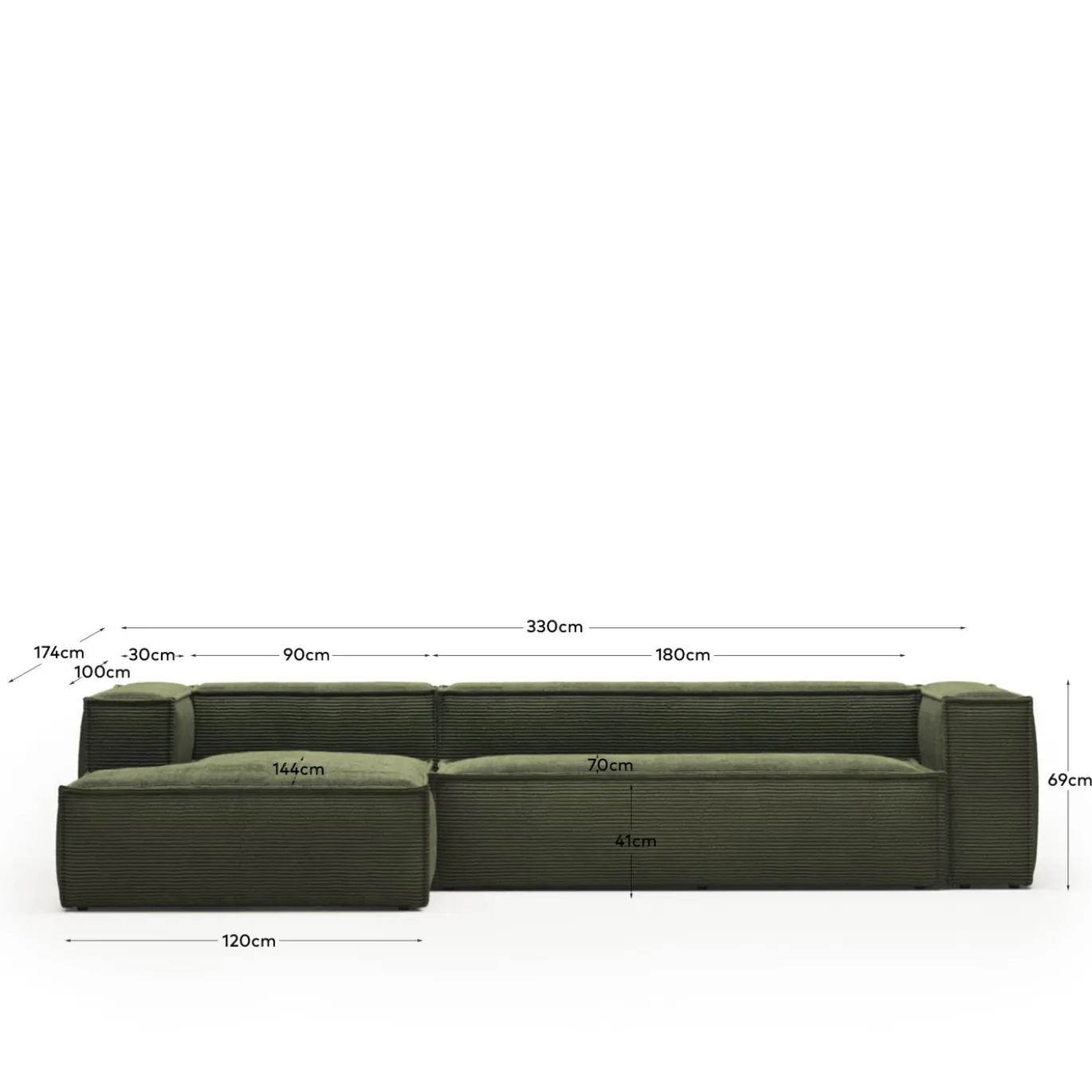 Kave Home 4-zitsbank Blok Chaise Longue Links Groen Ribstof 330cm
