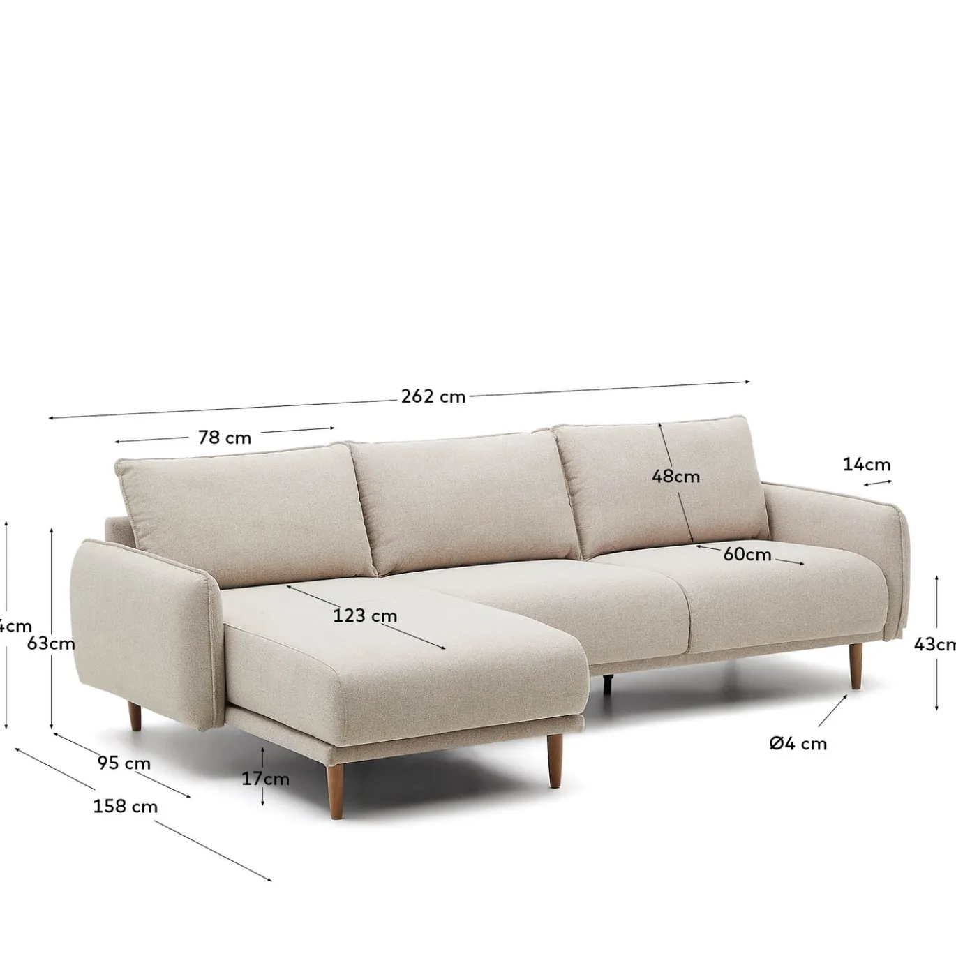 Kave Home 3-zitsbank Carlota Chaise Longue Rechts/links Beige 262cm