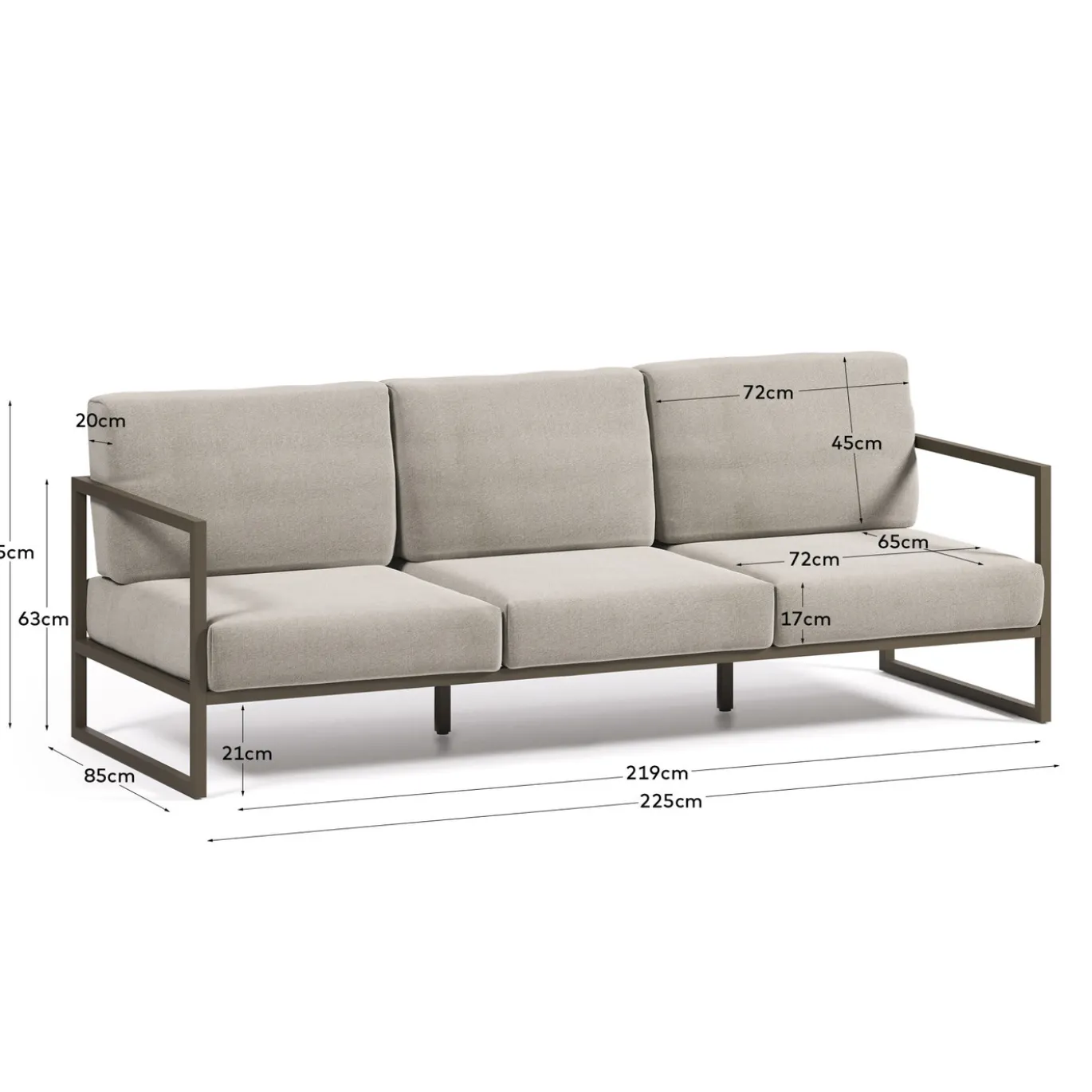 Kave Home 3-zitsbank Comova Outdoor Lichtgrijs en Groen Aluminium 222cm