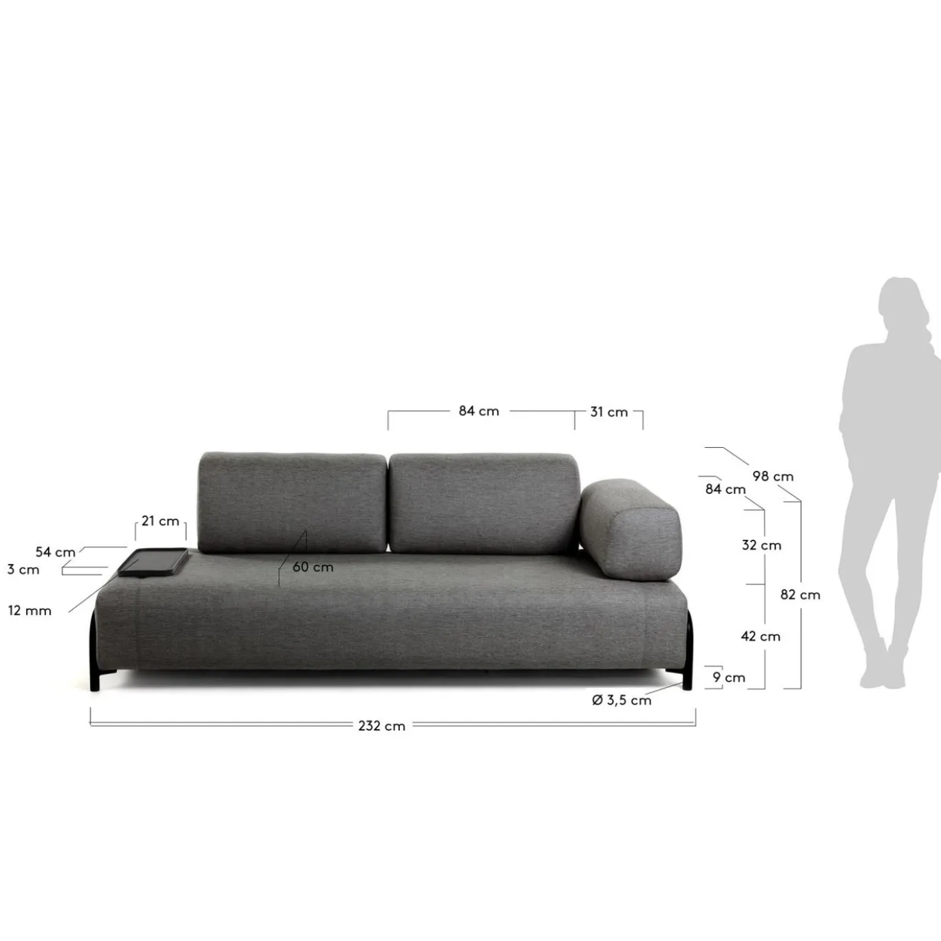Kave Home 3-zitsbank Compo Donkergrijs Klein Dienblad 232cm