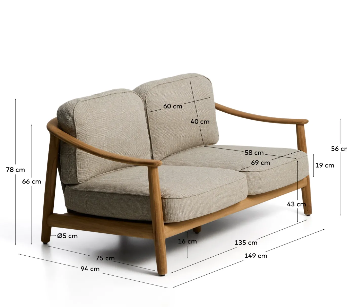 Kave Home 2-Zitsbank Elunda Massief Teakhout 149cm