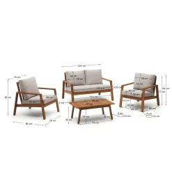 Kave Home 2-zitsbank Frares met 2 Fauteuils en Salontafel Acaciahout