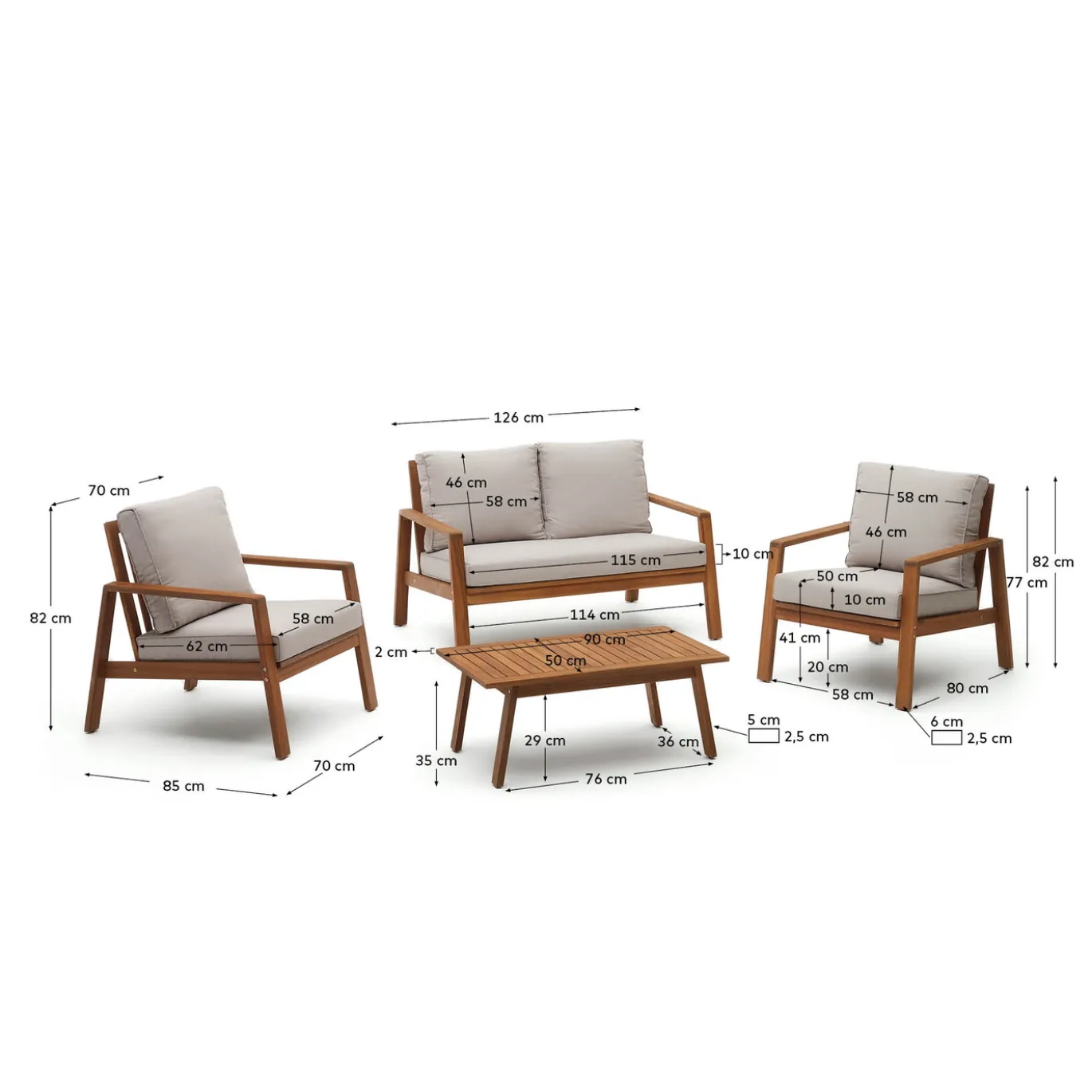 Kave Home 2-zitsbank Frares met 2 Fauteuils en Salontafel Acaciahout
