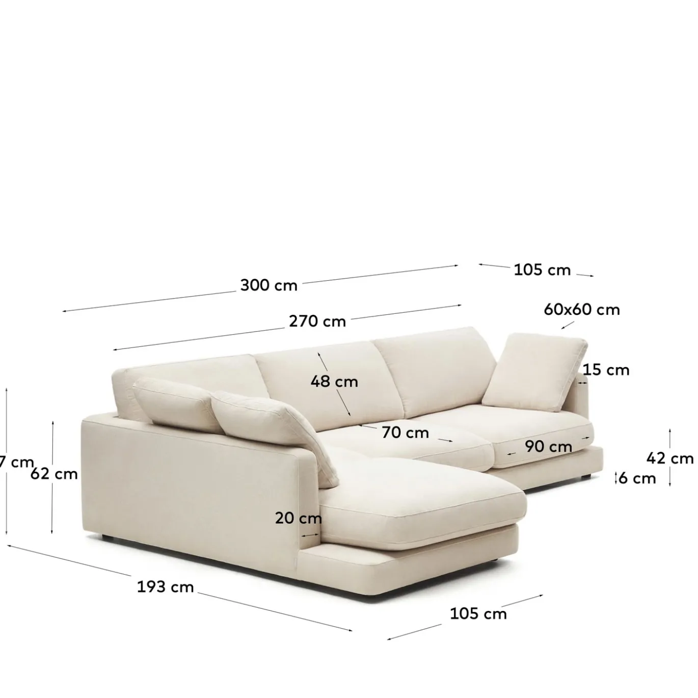 Kave Home 4-zitsbank Gala Chaise Longue Links Beige 300cm