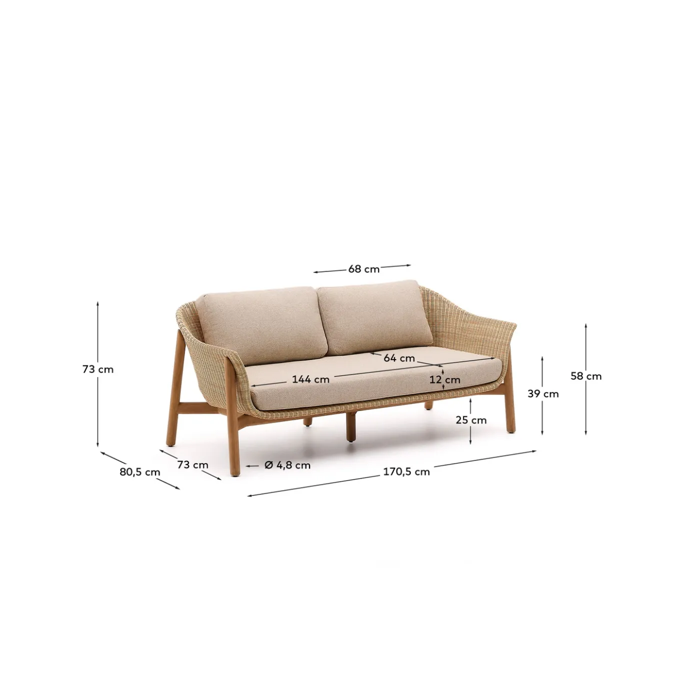 Kave Home 2-zitsbank Galea Teakhout en Rotan 170,5cm