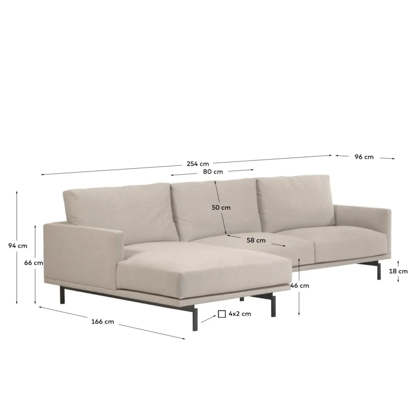 Kave Home 3-zitsbank Galene Beige Links Chaise Longue 254cm