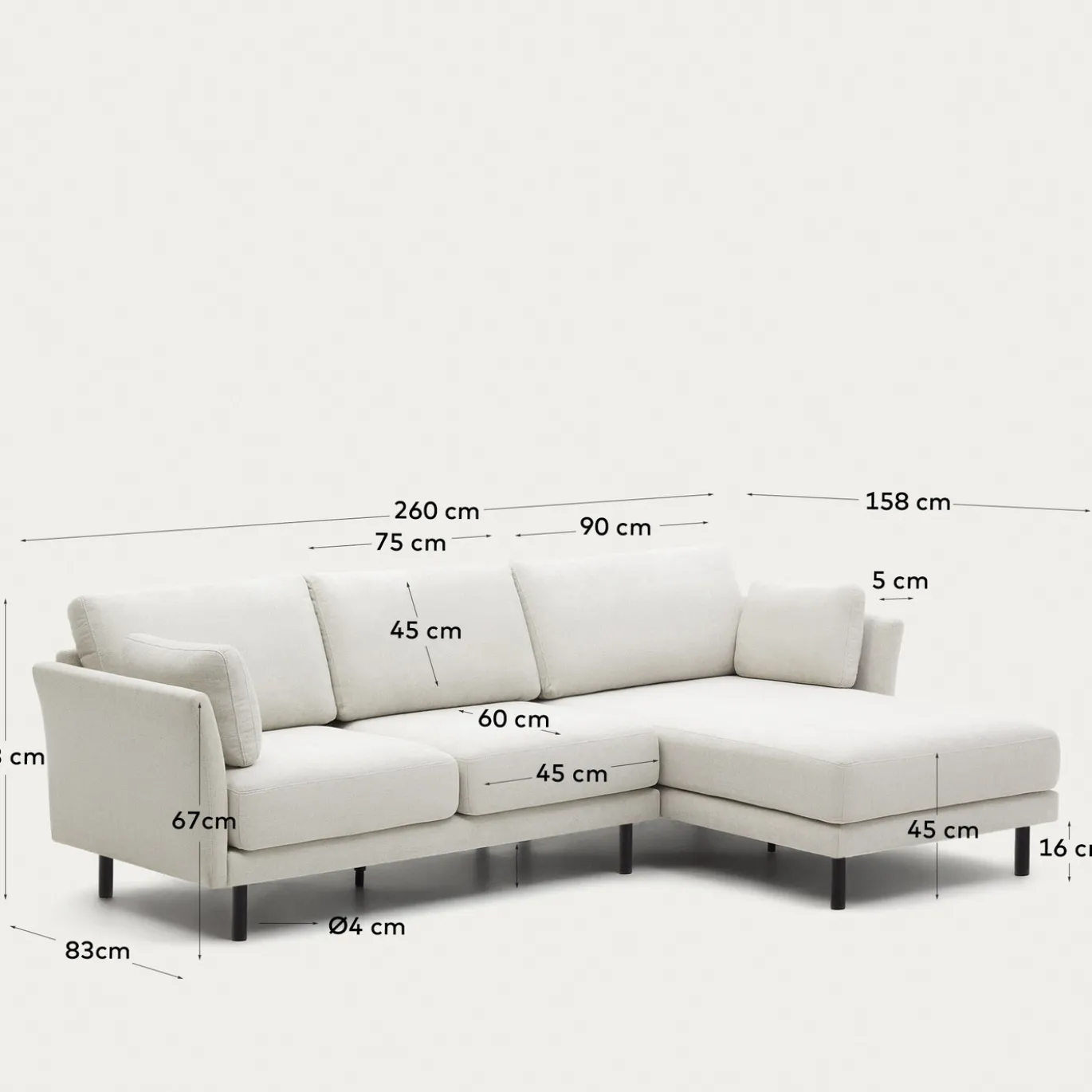 Kave Home 3-zitsbank Gilma Parel Chenille Links/rechts Chaise Longue Zwart 261cm