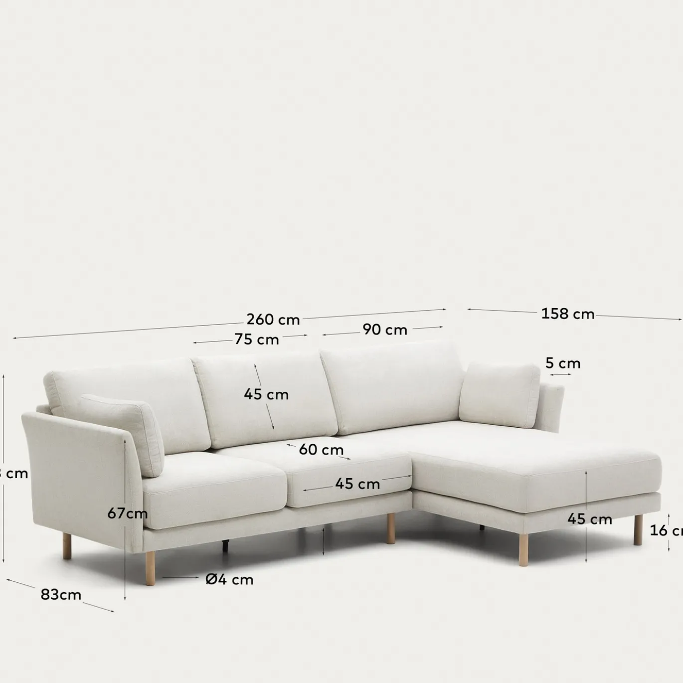 Kave Home 3-zitsbank Gilma Parel Chenille Links/rechts Chaise Longue Naturel 261cm
