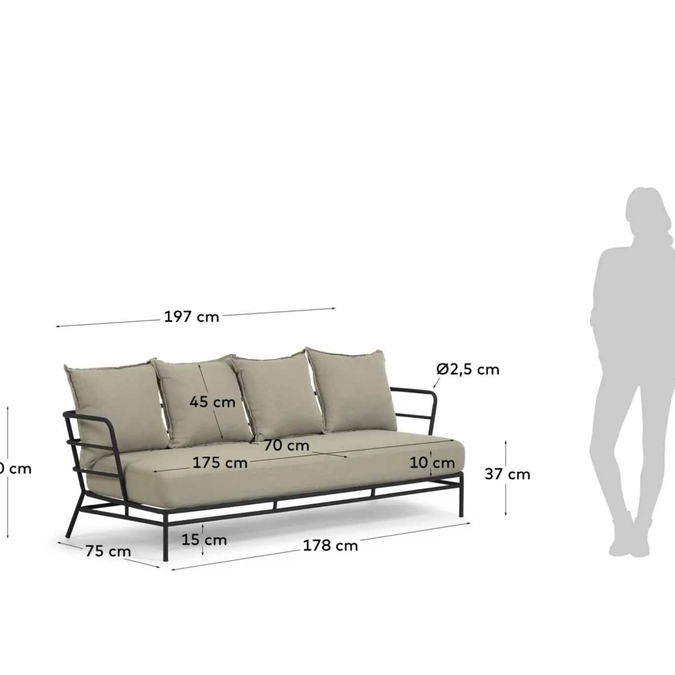 Kave Home 3-zitsbank Mareluz Zwart Staal 197cm