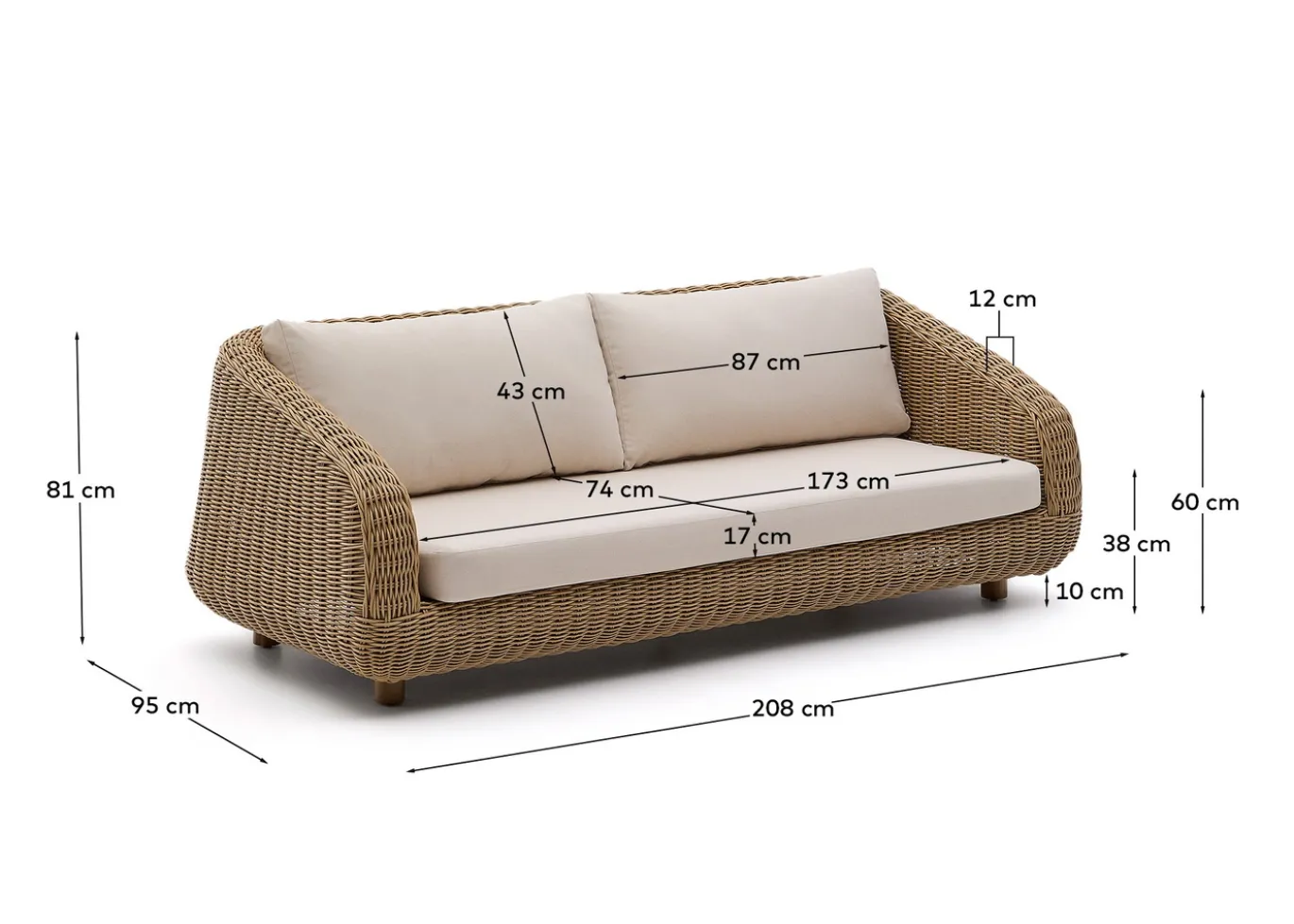 Kave Home 3-zitsbank Meria Rotan 208cm