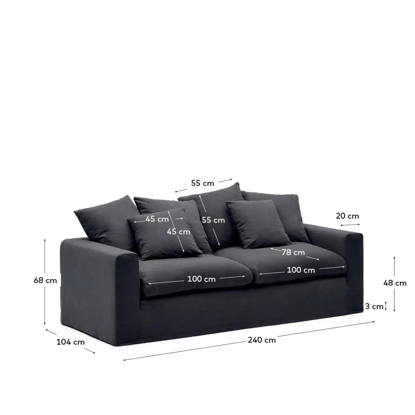 Kave Home 3-zitsbank Nora Kussens Grijs/antraciet Linnen en Katoen 240cm