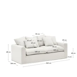 Kave Home 3-zitsbank Nora Kussens Ecru Linnen en Katoen 240cm