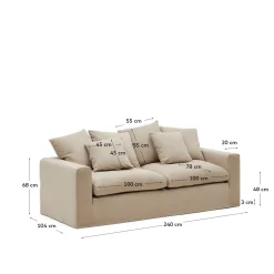 Kave Home 3-zitsbank Nora Kussens Taupe Linnen en Katoen 240cm