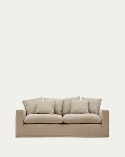 Kave Home 3-zitsbank Nora Kussens Taupe Linnen en Katoen 240cm
