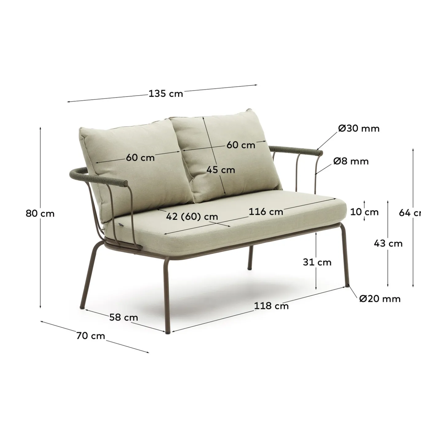 Kave Home 2-zitsbank Salguer Groen Touw 134cm