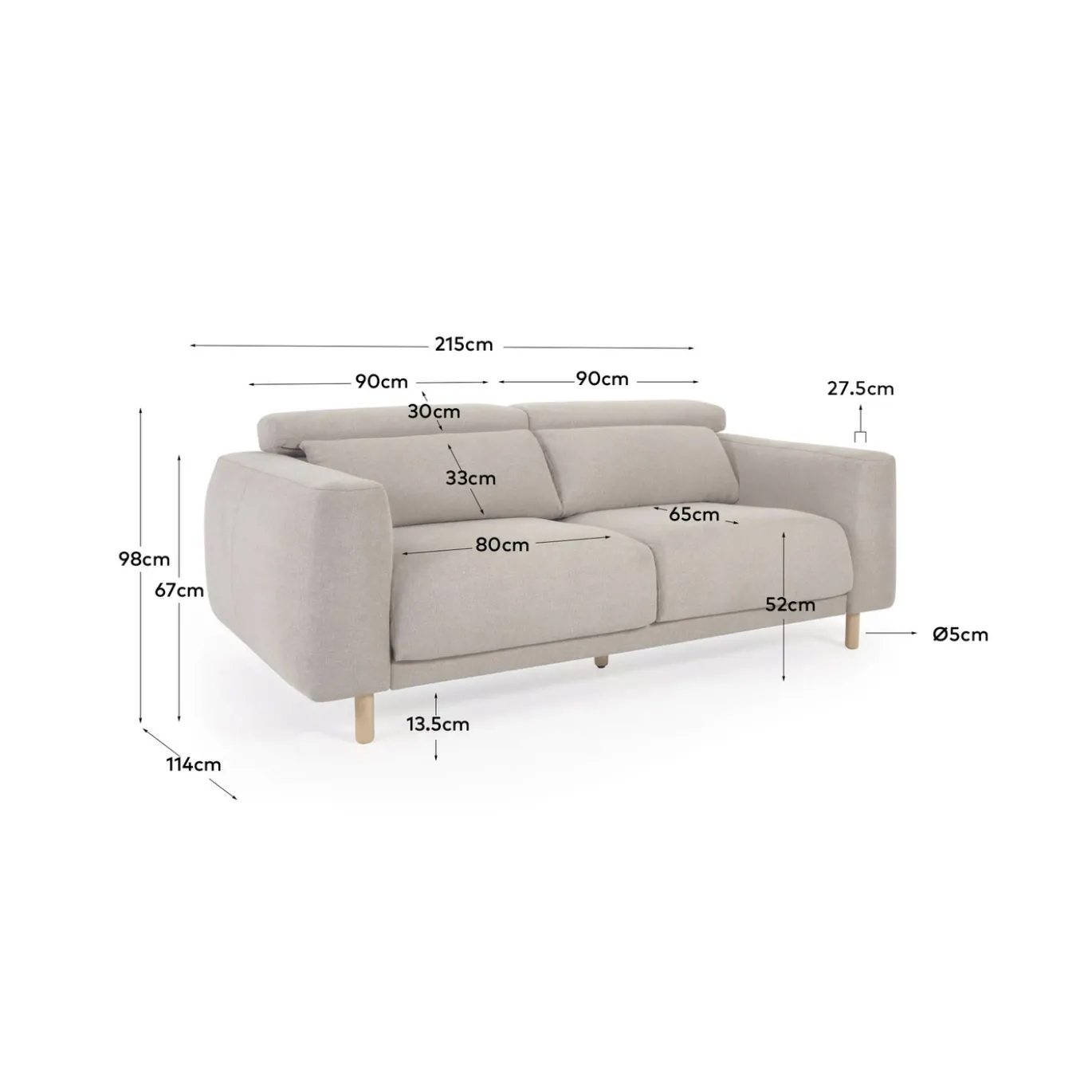 Kave Home 3-zitsbank Singa Beige 215cm