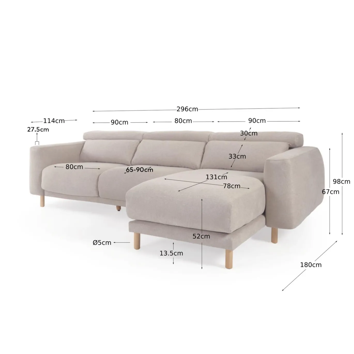 Kave Home 3-zitsbank Singa Chaise Longue Rechts Beige 296cm