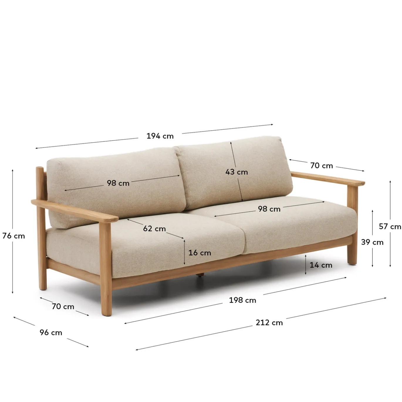 Kave Home 3-zitsbank Tirant Massief Teakhout 212cm