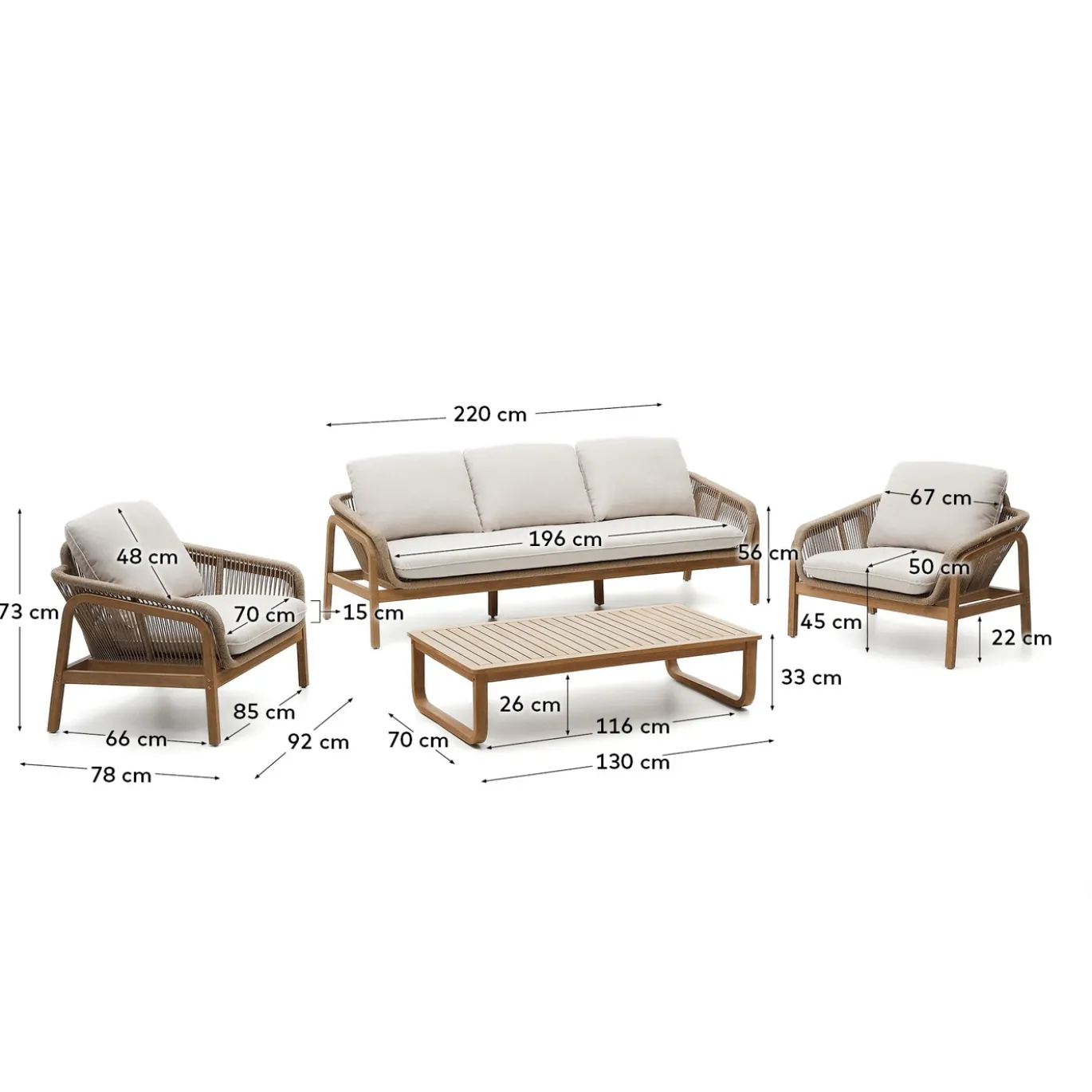 Kave Home 3-zitsbank Vellana met 2 Fauteuils en Koffietafel Acaciahout Beige