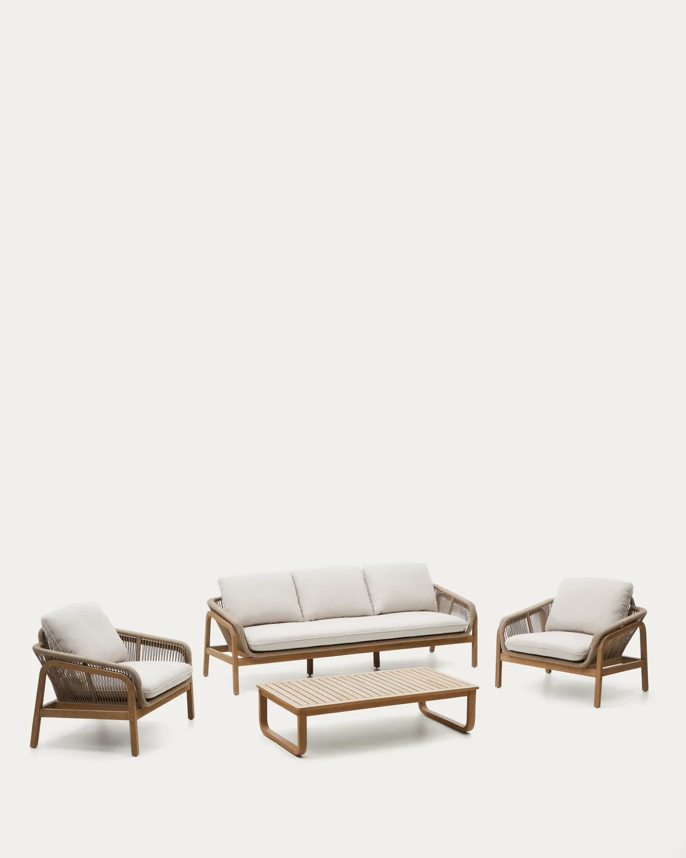 Kave Home 3-zitsbank Vellana met 2 Fauteuils en Koffietafel Acaciahout Beige