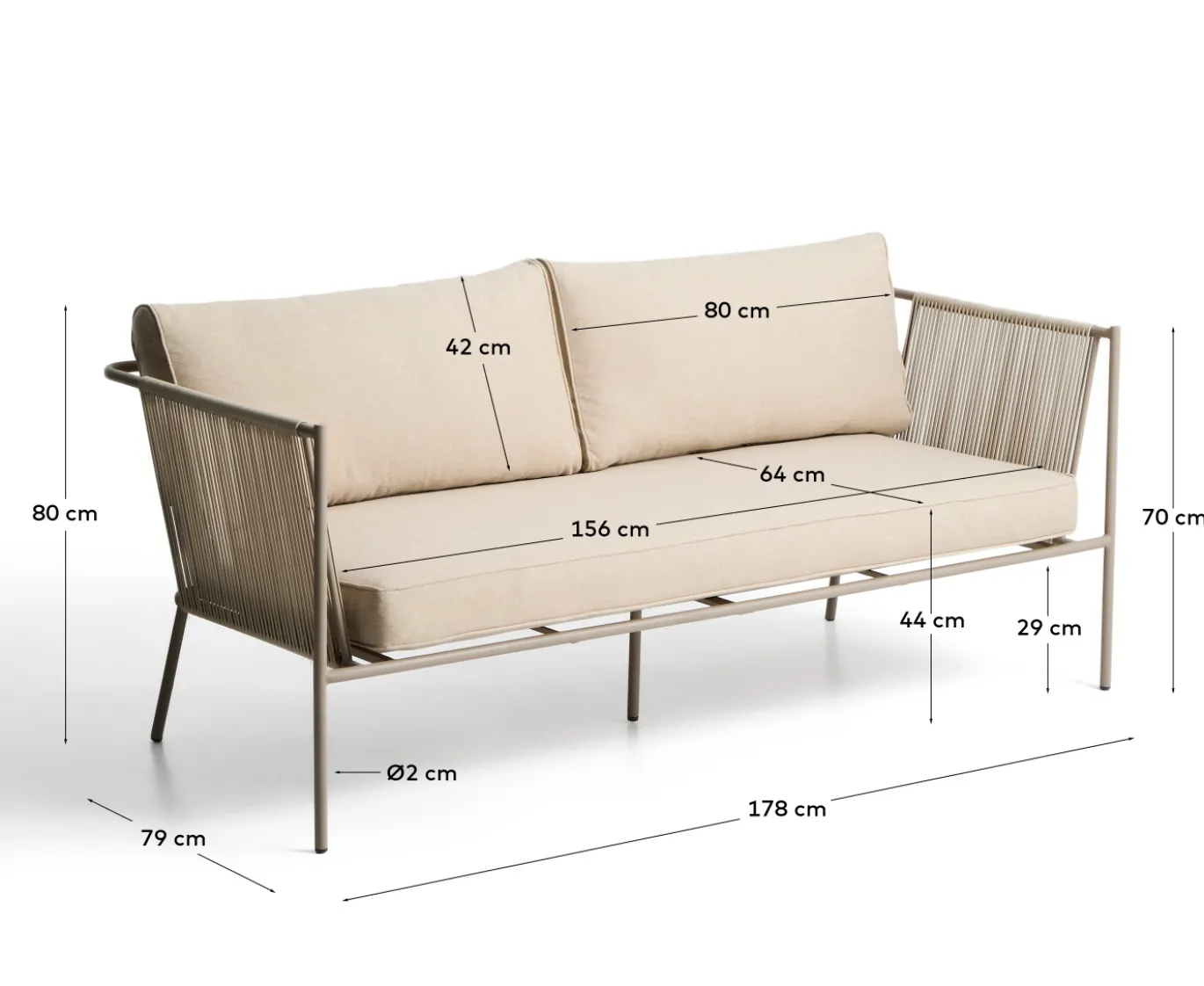 Kave Home 2-zitsbank Zivia Staal Taupe Touw Beige 178cm