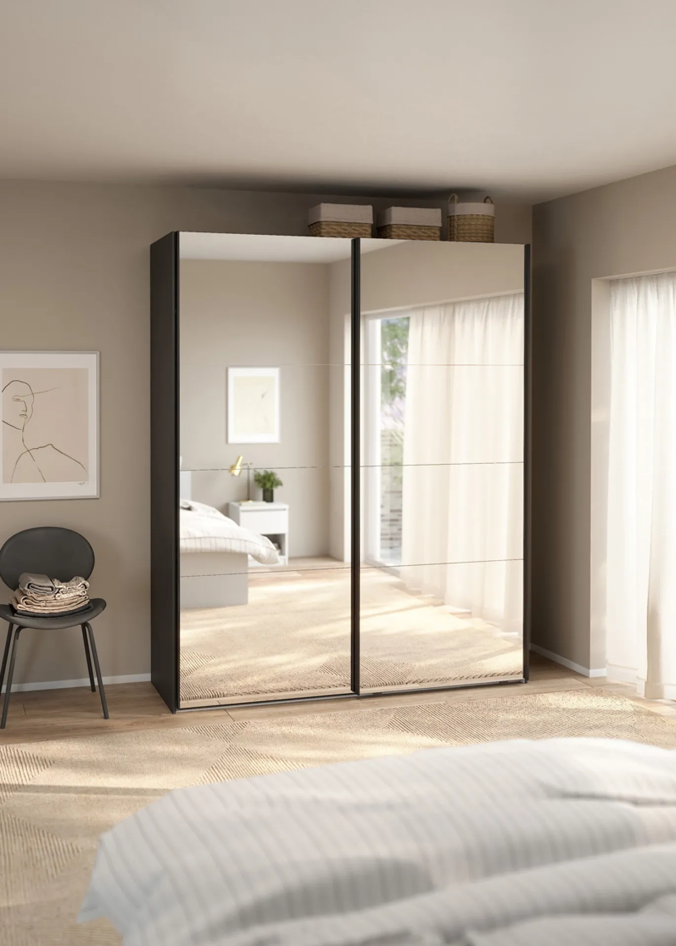 Kledingkast Catania Matgrijs 180x220cm Schuifdeuren Met Spiegel - Giga Living