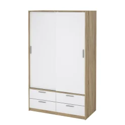 Kledingkast Line Naturel/Wit Hoogglans 2-schuifdeuren + 4-lades - Giga Living