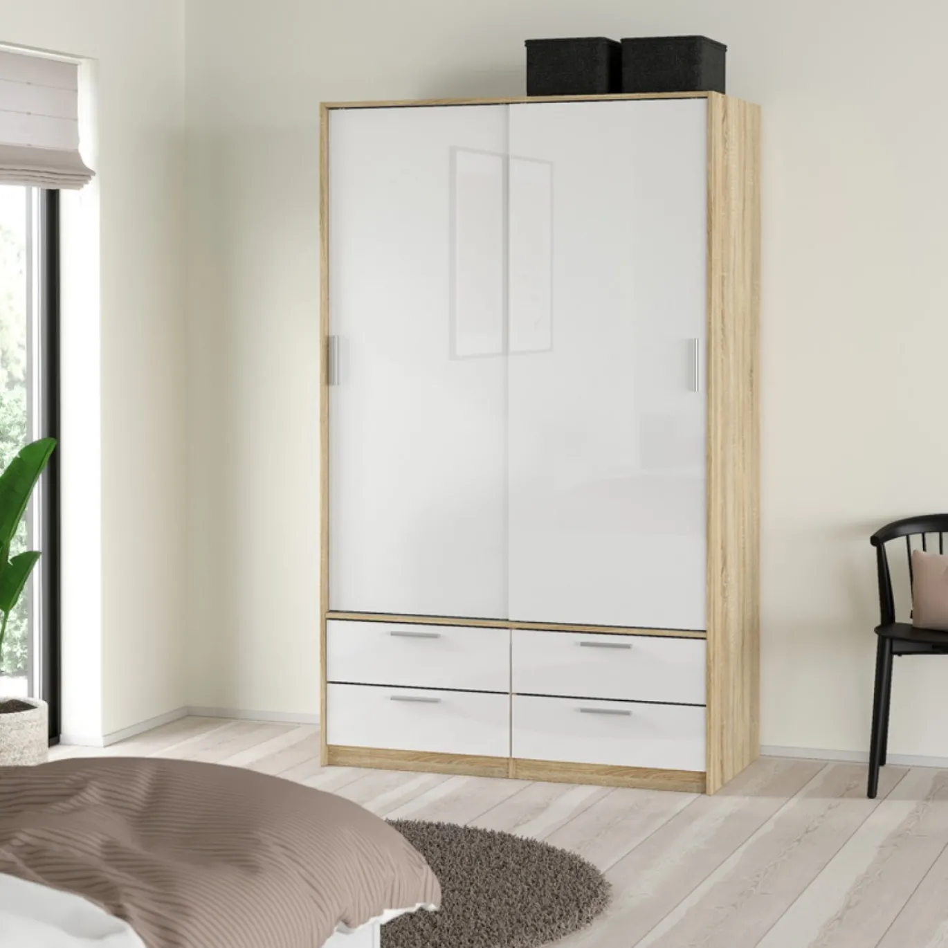 Kledingkast Line Naturel/Wit Hoogglans 2-schuifdeuren + 4-lades - Giga Living