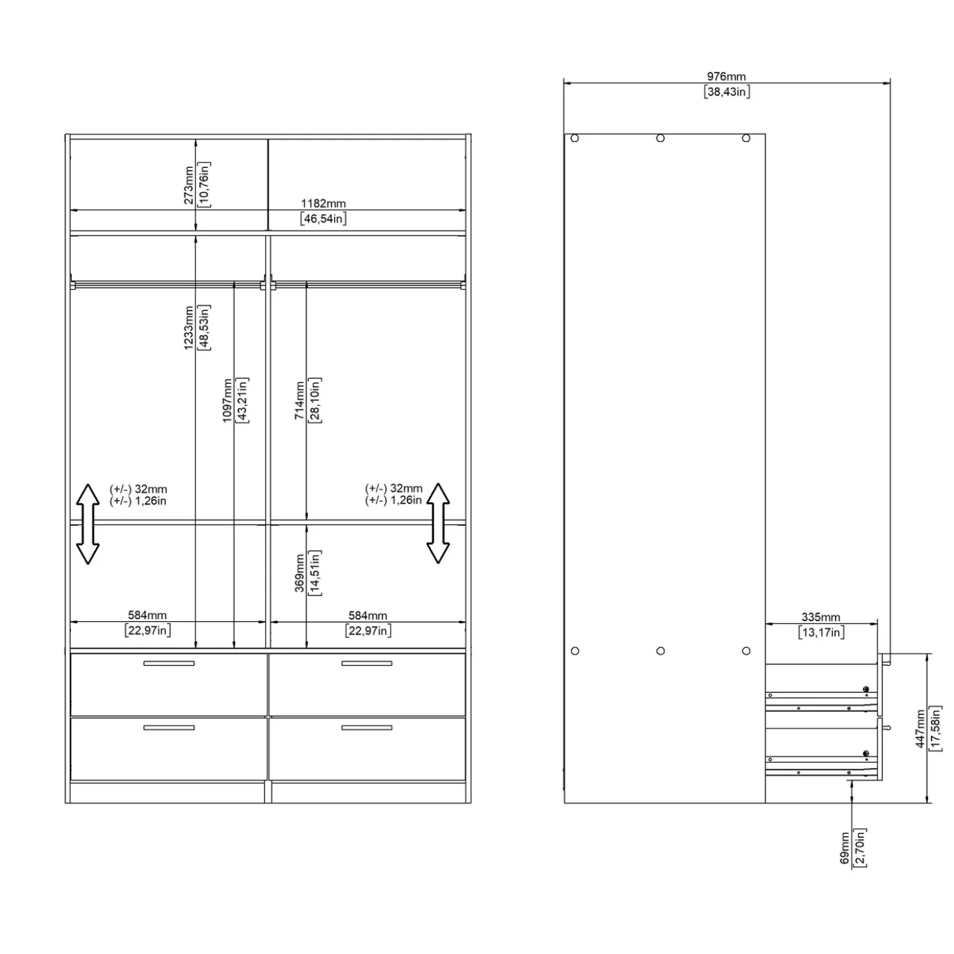 Kledingkast Line Naturel/Wit Hoogglans 2-schuifdeuren + 4-lades - Giga Living