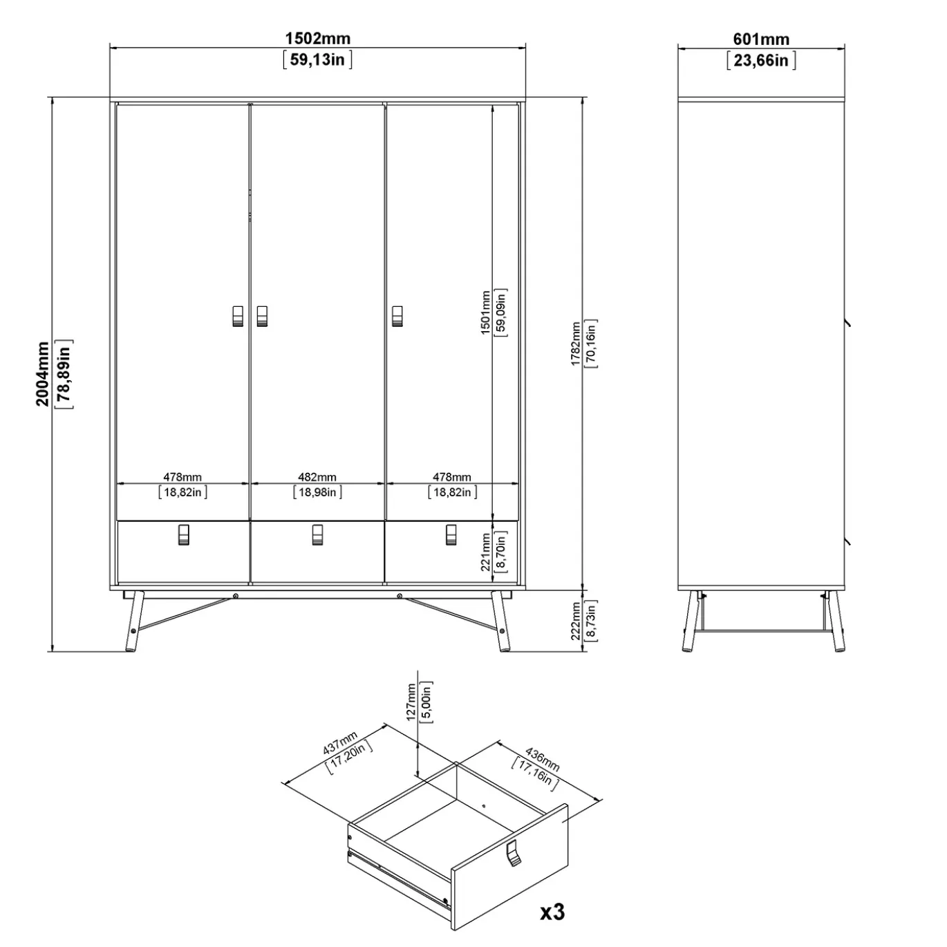 Kledingkast Ry Jackson Hickory 3-deurs + 3-lades - Giga Living