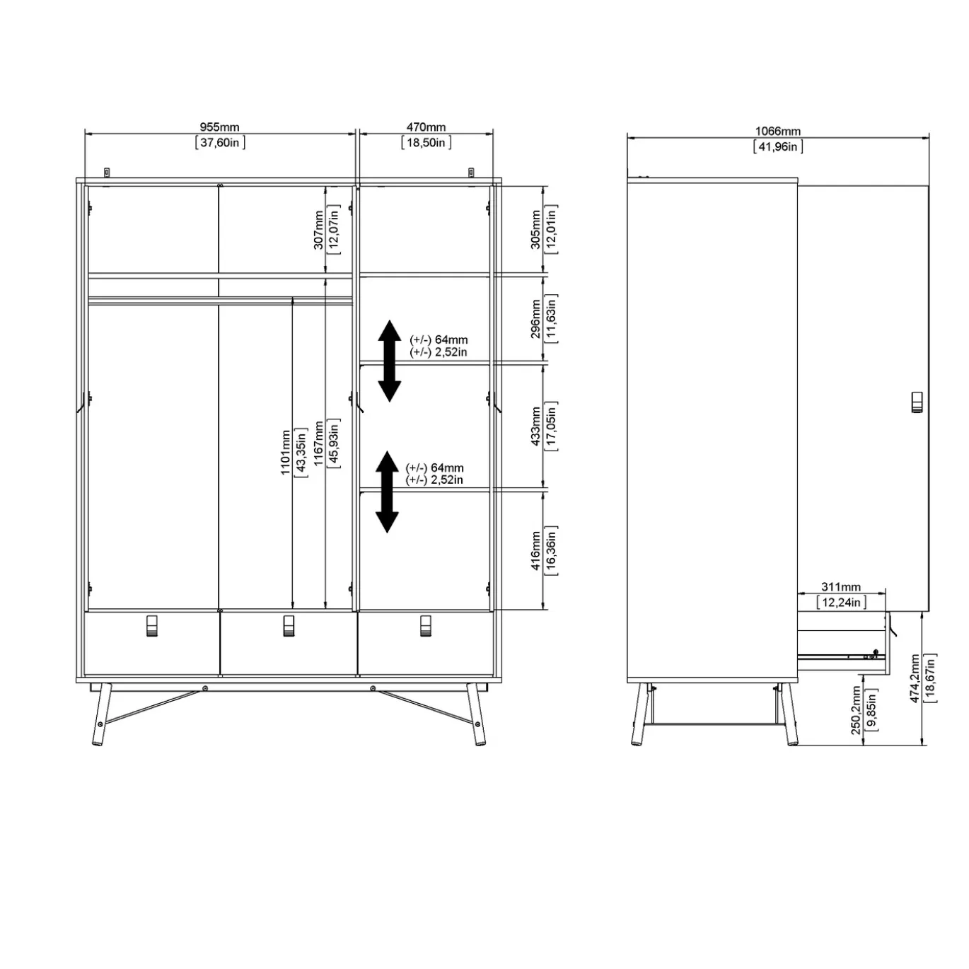 Kledingkast Ry met 3 deuren + 3 lades Hickory - Giga Living