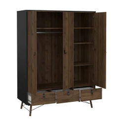 Kledingkast Ry Noten Mat Zwart 3-deurs + 3-lades - Giga Living