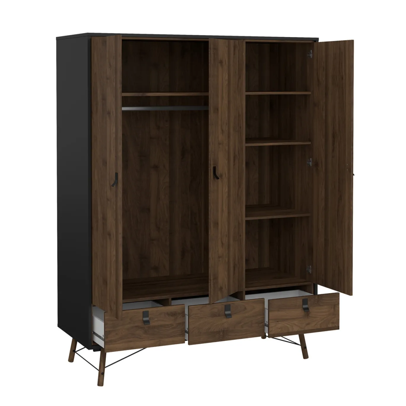 Kledingkast Ry Noten Mat Zwart 3-deurs + 3-lades - Giga Living