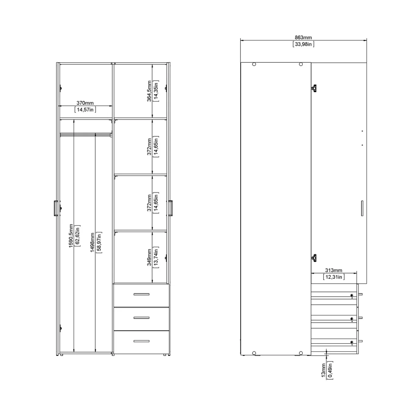 Kledingkast Space Naturel 2-deurs + 3-lades - Giga Living