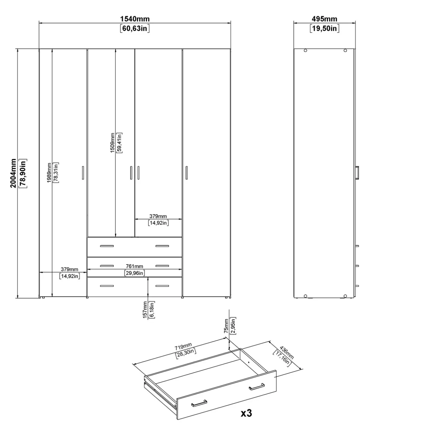 Kledingkast Space Wit 4-deurs + 3-lades - Giga Living