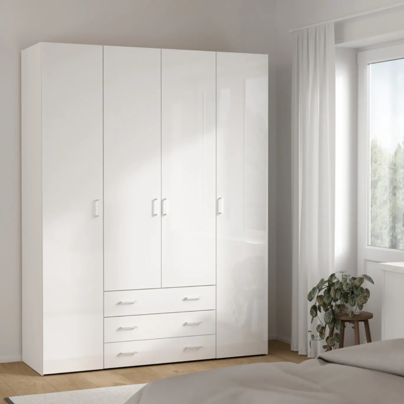Kledingkast Space Wit Hoogglans 4-deurs + 3-lades - Giga Living