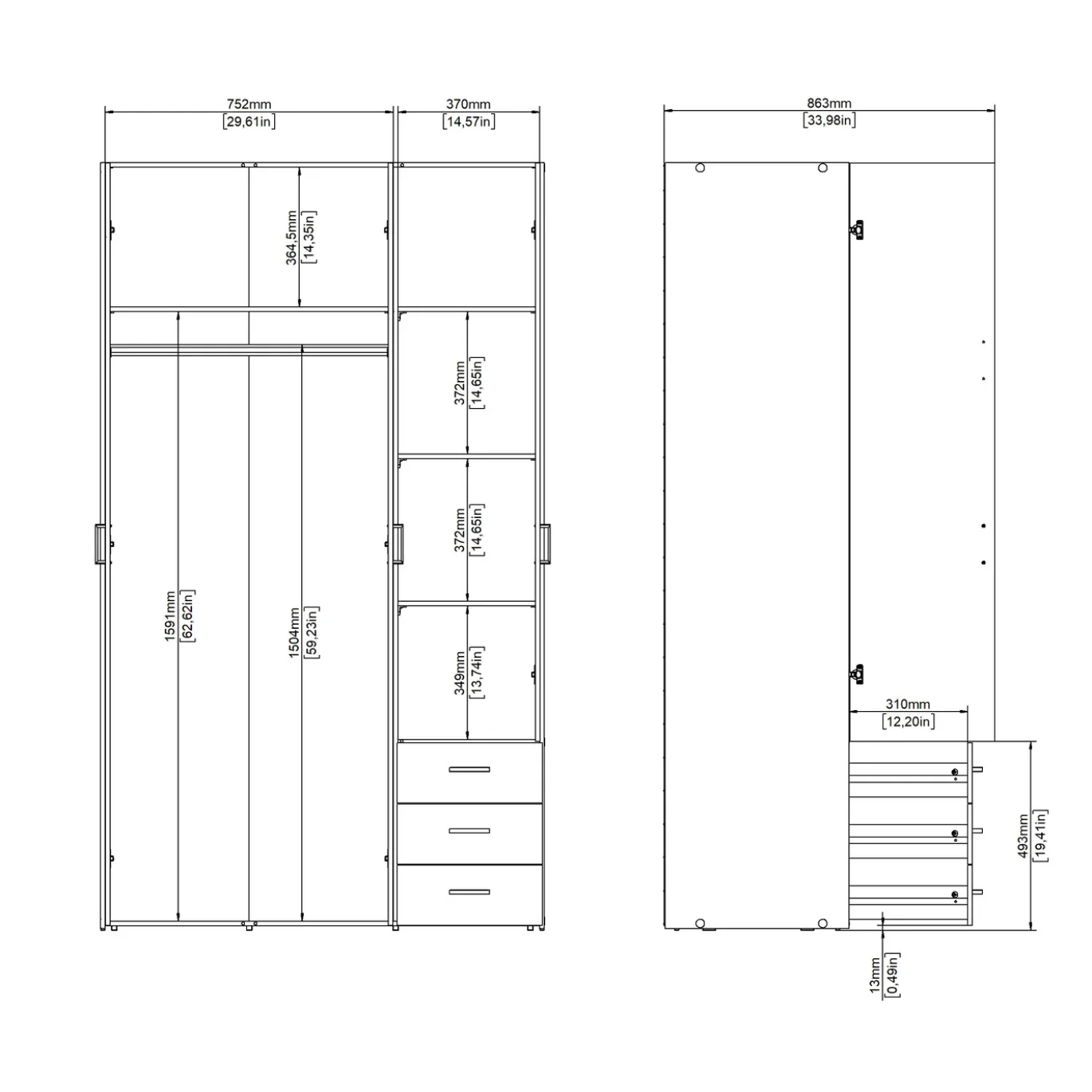 Kledingkast Space Wit Hoogglans 3-deurs + 3-lades - Giga Living
