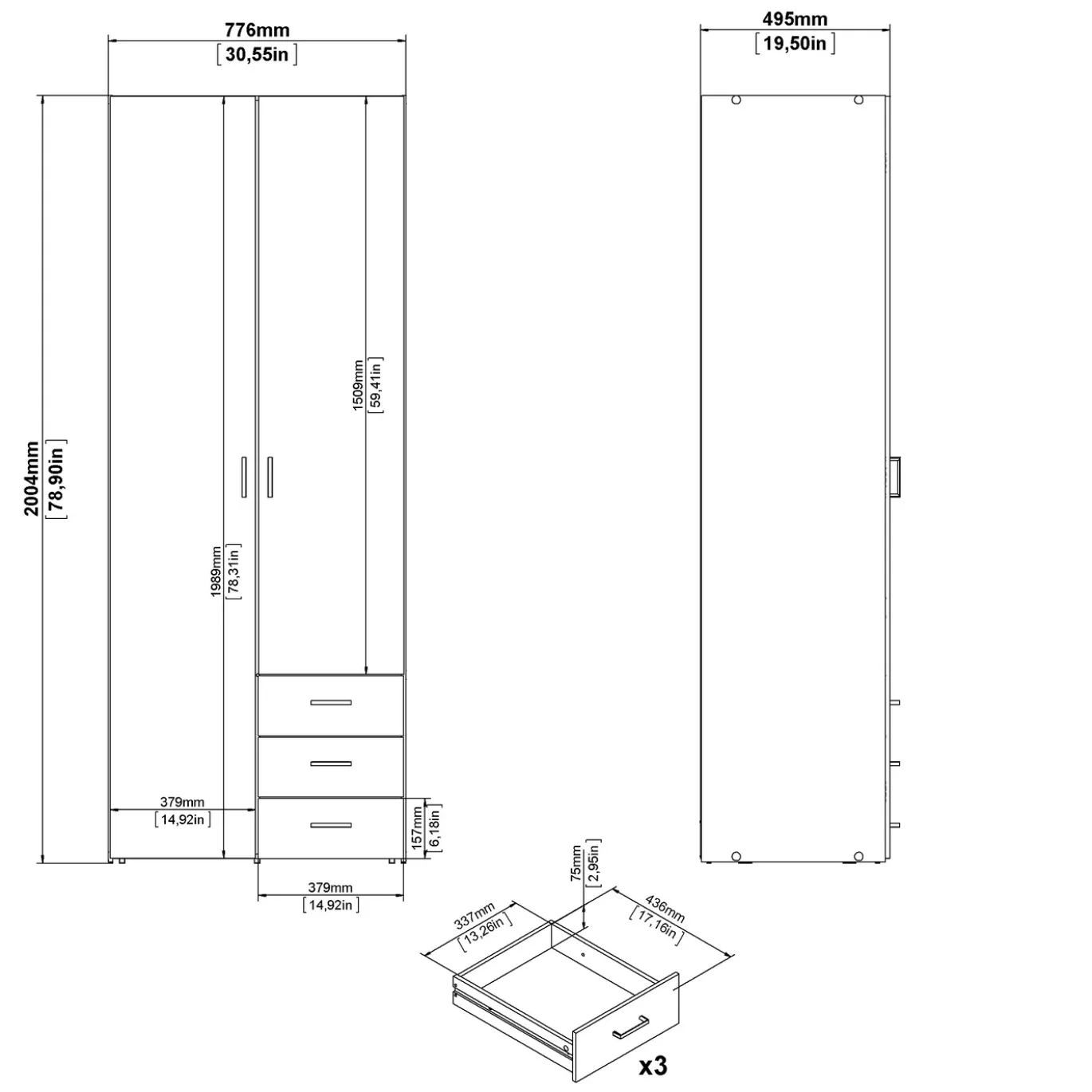 Kledingkast Space Wit Hoogglans 2-deurs + 3-lades - Giga Living