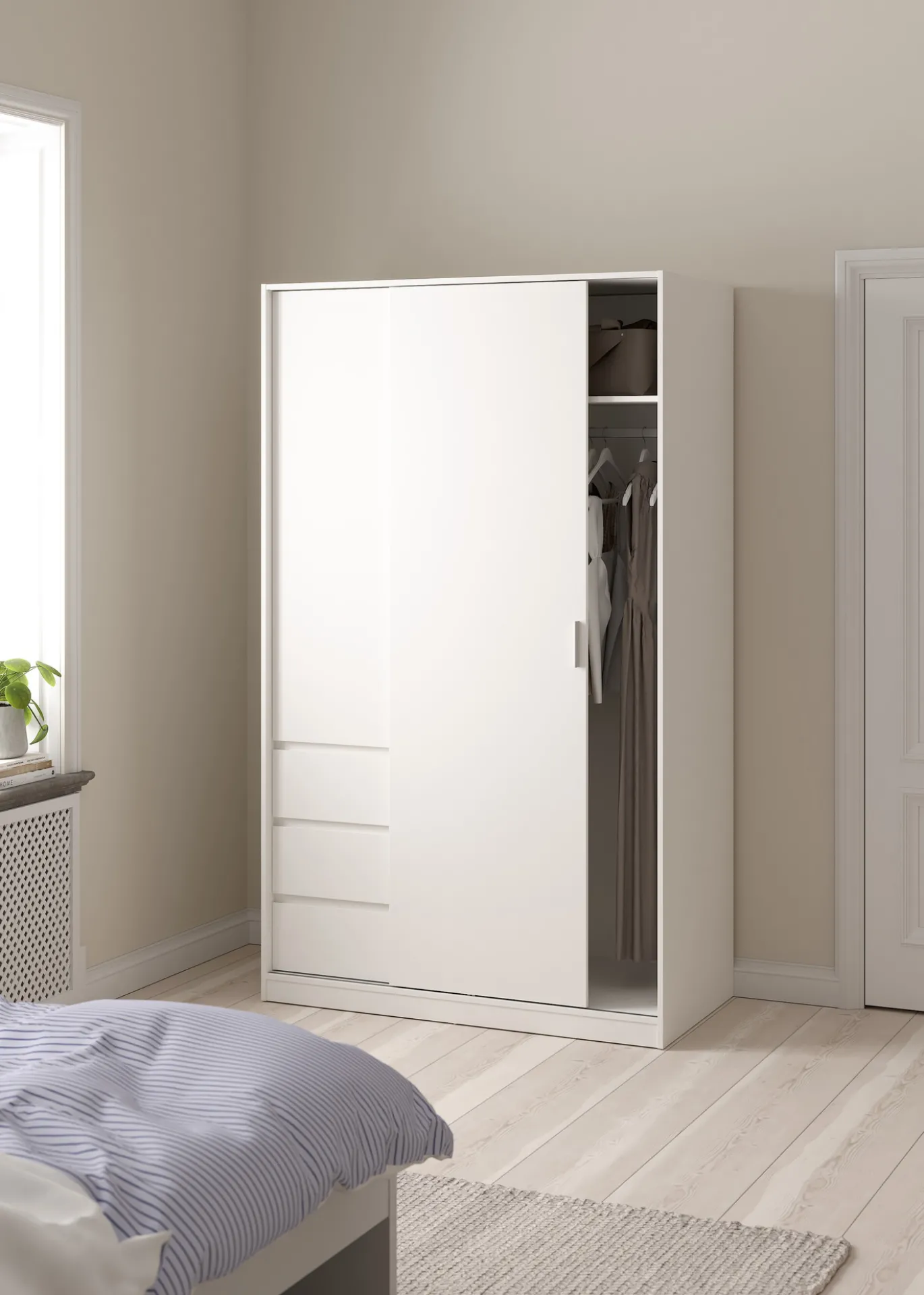 Kledingkast Ylva met 1 Schuifdeur + 1 deur + 3 lades Wit - Giga Living