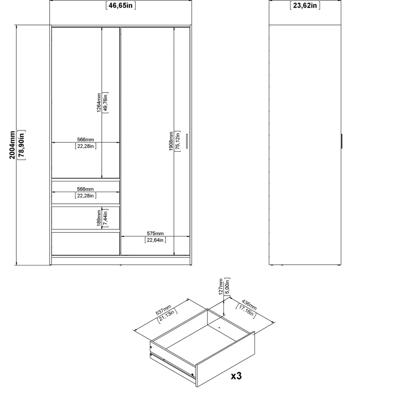 Kledingkast Ylva met 1 Schuifdeur + 1 deur + 3 lades Hickory - Giga Living