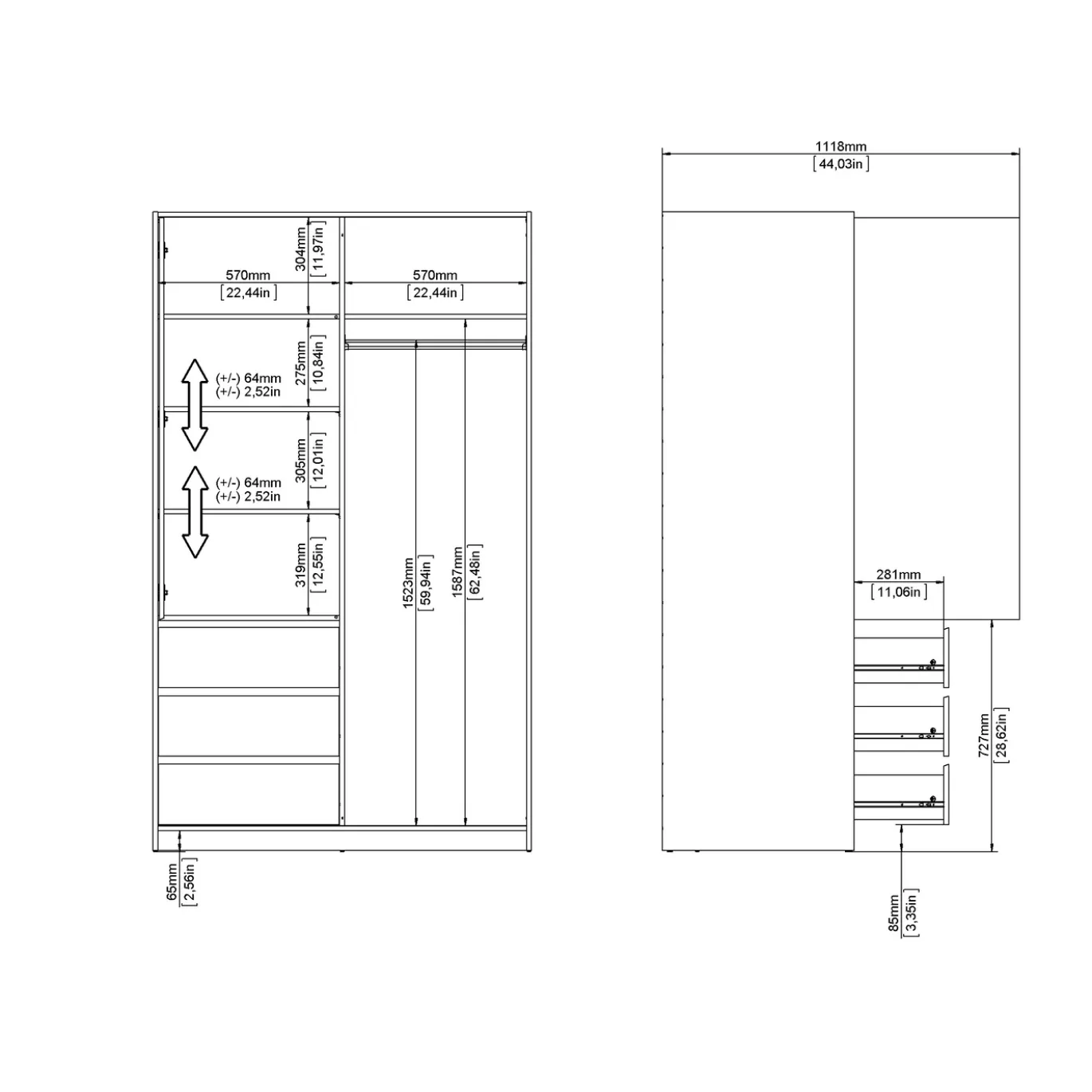 Kledingkast Ylva met 1 Schuifdeur + 1 deur + 3 lades Hickory - Giga Living