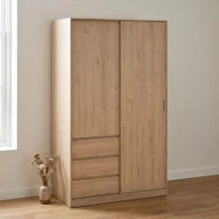 Kledingkast Ylva met 1 Schuifdeur + 1 deur + 3 lades Hickory - Giga Living