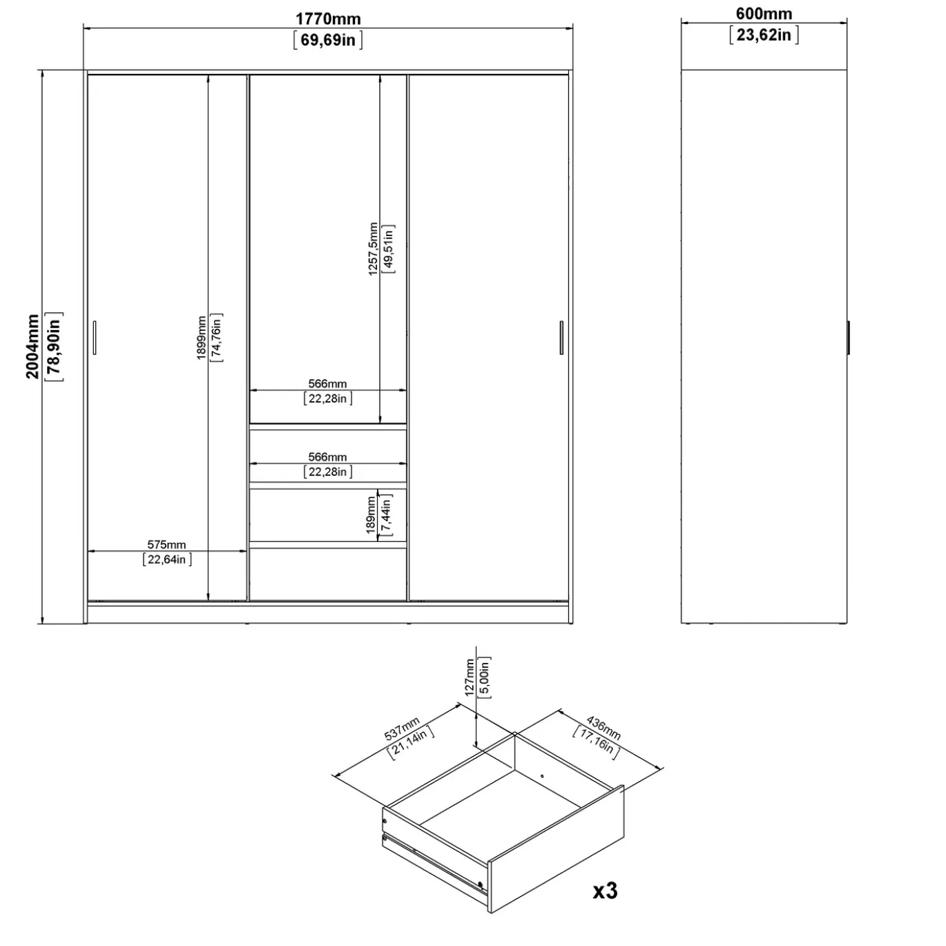 Kledingkast Ylva met 2 schuifdeuren + 1 deur + 3 lades Wit - Giga Living