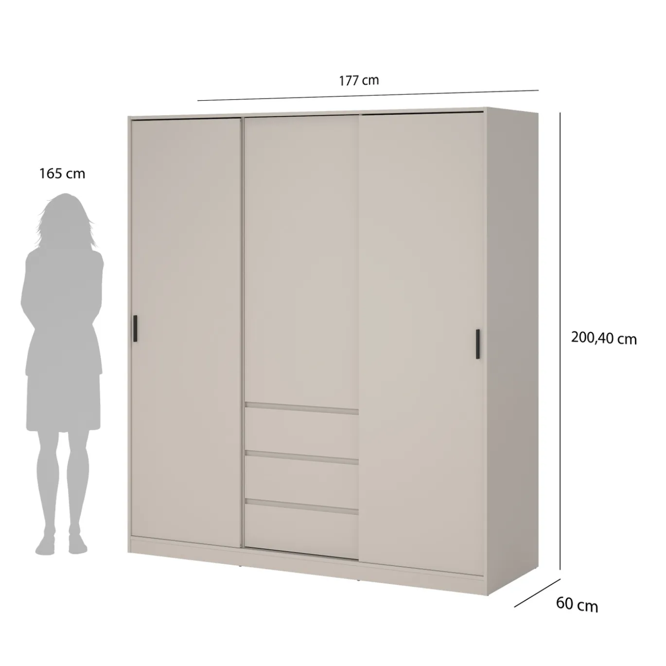 Kledingkast Ylva 2 Schuifdeuren + 1 deur + 3 Lades Cashmere - Giga Living