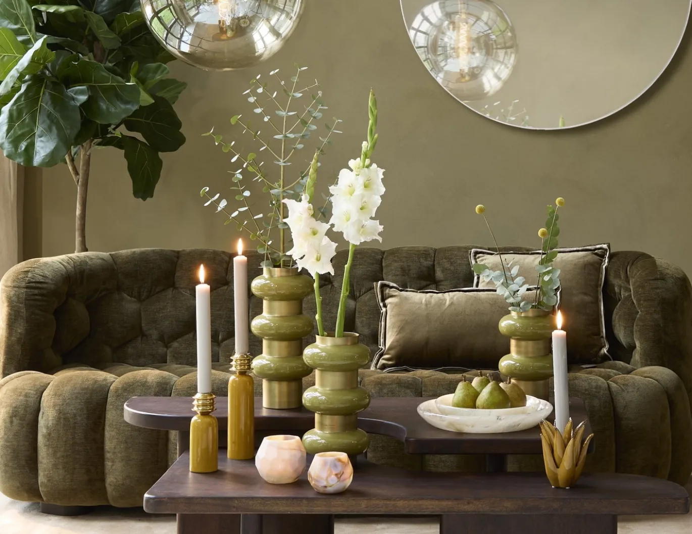 Light & Living Bank Amara Velvet Olijfgroen