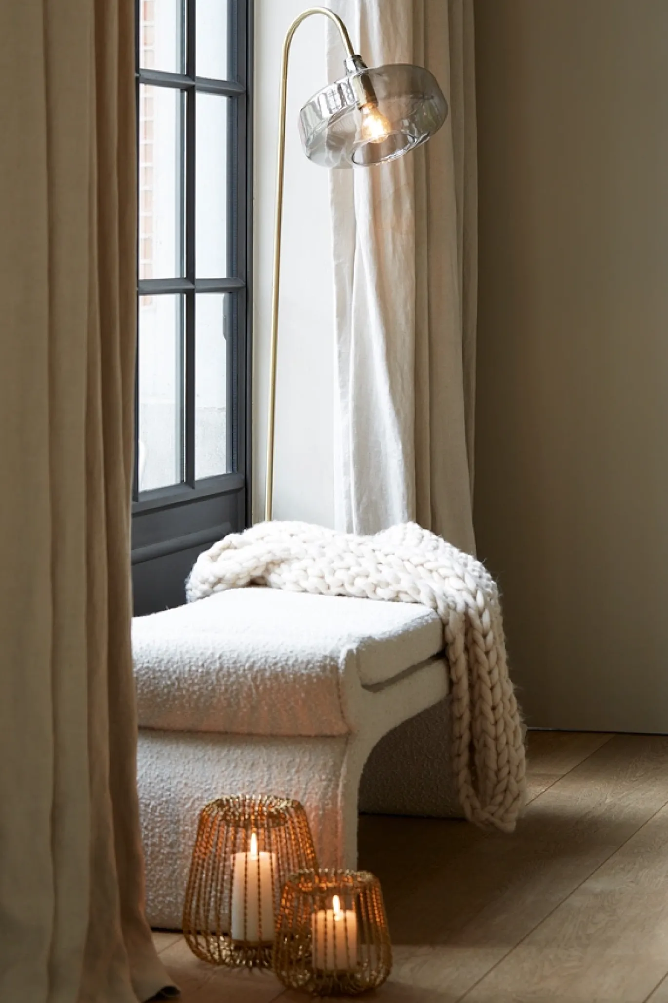 Light & Living Bankje Nafya Bouclé Crème 119cm