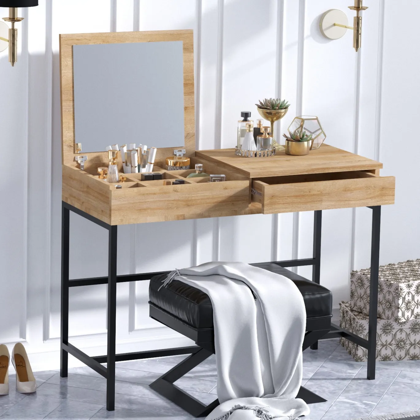 Make-up Tafel Linda Melamine Eiken Zwart