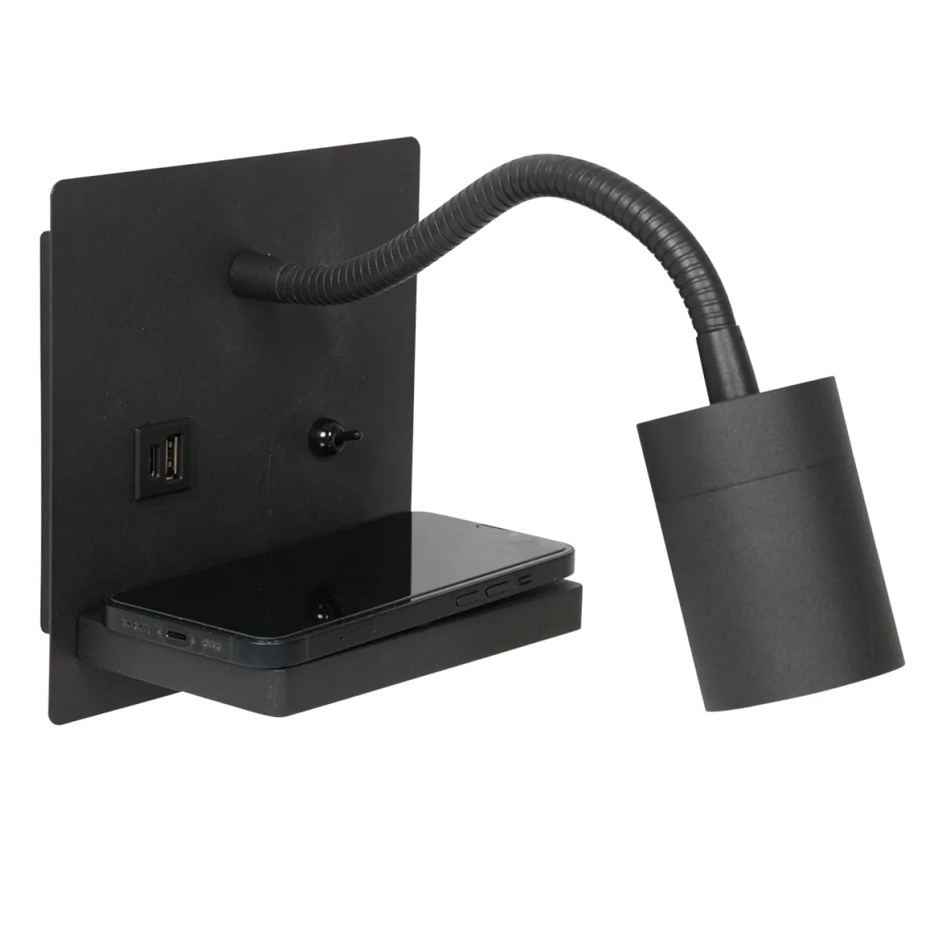 Mexlite Wandlamp Upround Zwart met Draadloze Telefoonlader